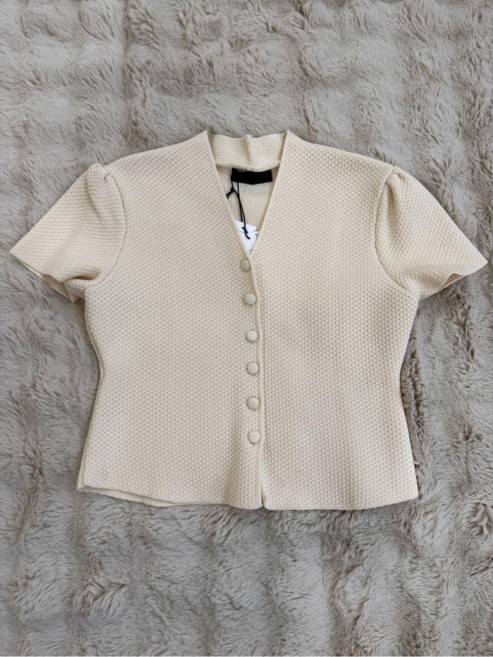NWT Zara Cream Textured Short Sleeve Button-Front Top